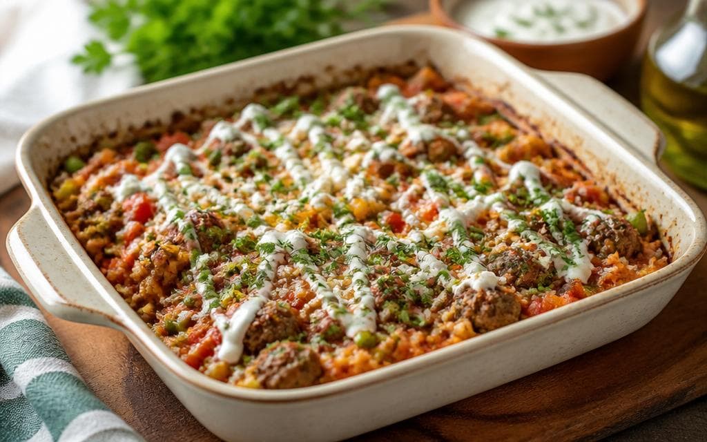 Oven-Baked Beef Kofta Rice Bake with Yogurt Dill Drizzle recipe photo