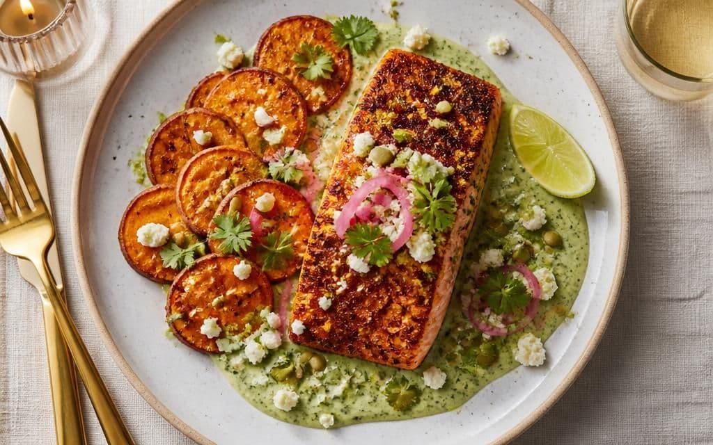 Ancho Cocoa Salmon with Poblano Crema recipe photo